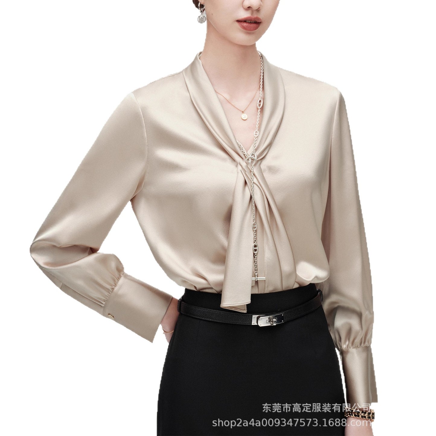 Haute couture imported acetic acid, heavy streamer, long-sleeved top, feminine gloss shirt, professional commuter dress, senior