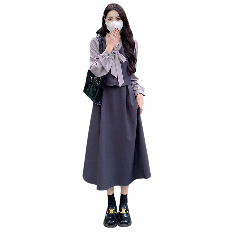 2026 autumn large size women's clothing fat mm thin belly cover dress new foreign style fashion Korean version splicing fake two pieces
