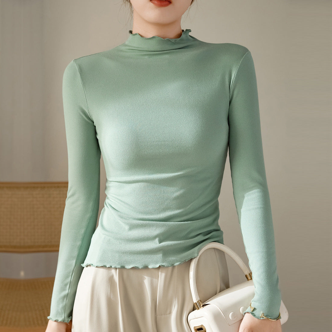 Fungus crimped semi-turtleneck bottoming shirt women's long-sleeved T-shirt 2026 autumn and winter new shirt slim and thin top