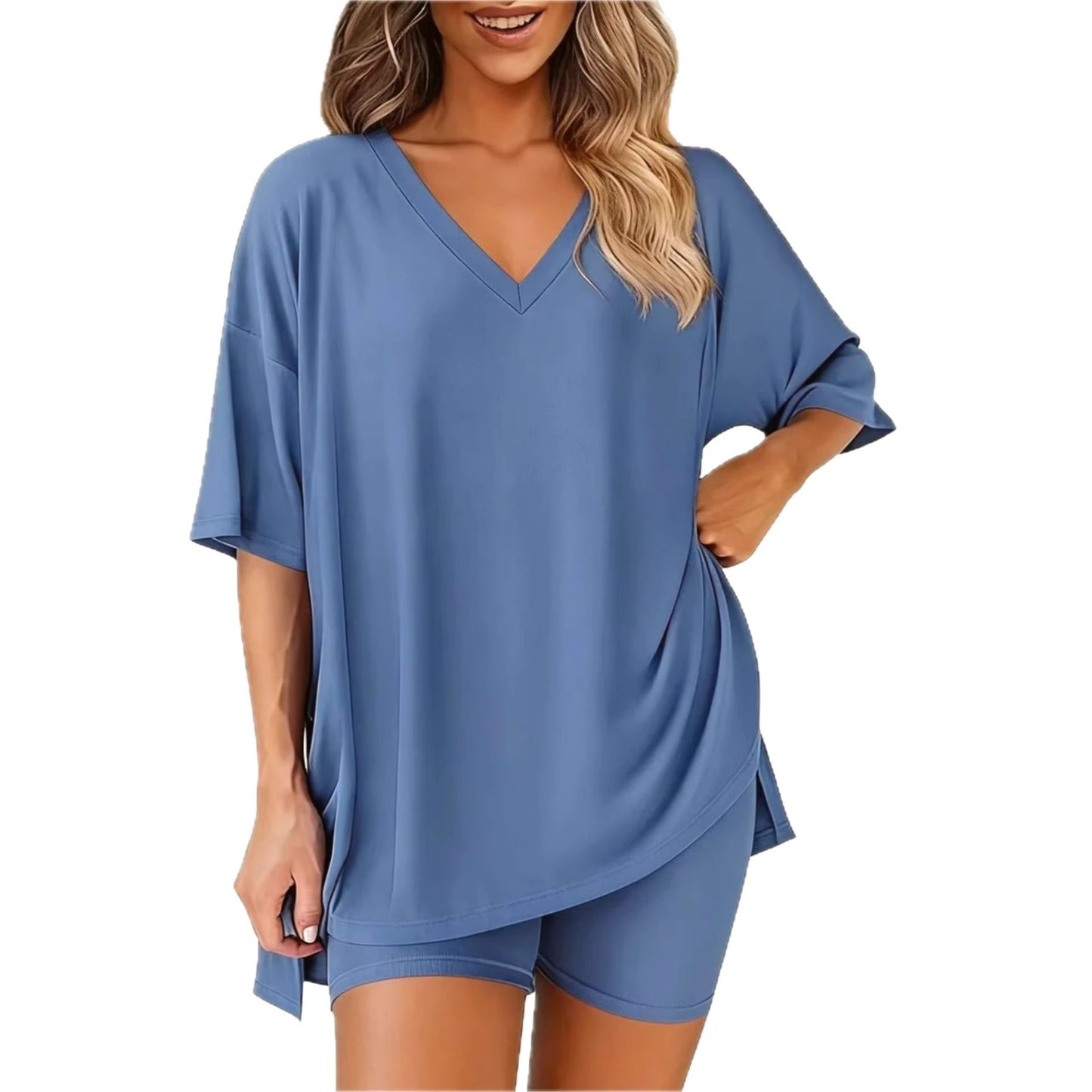 2026 spring and summer new cross-border European and American foreign trade fashion casual V-neck solid color loose short-sleeved suit