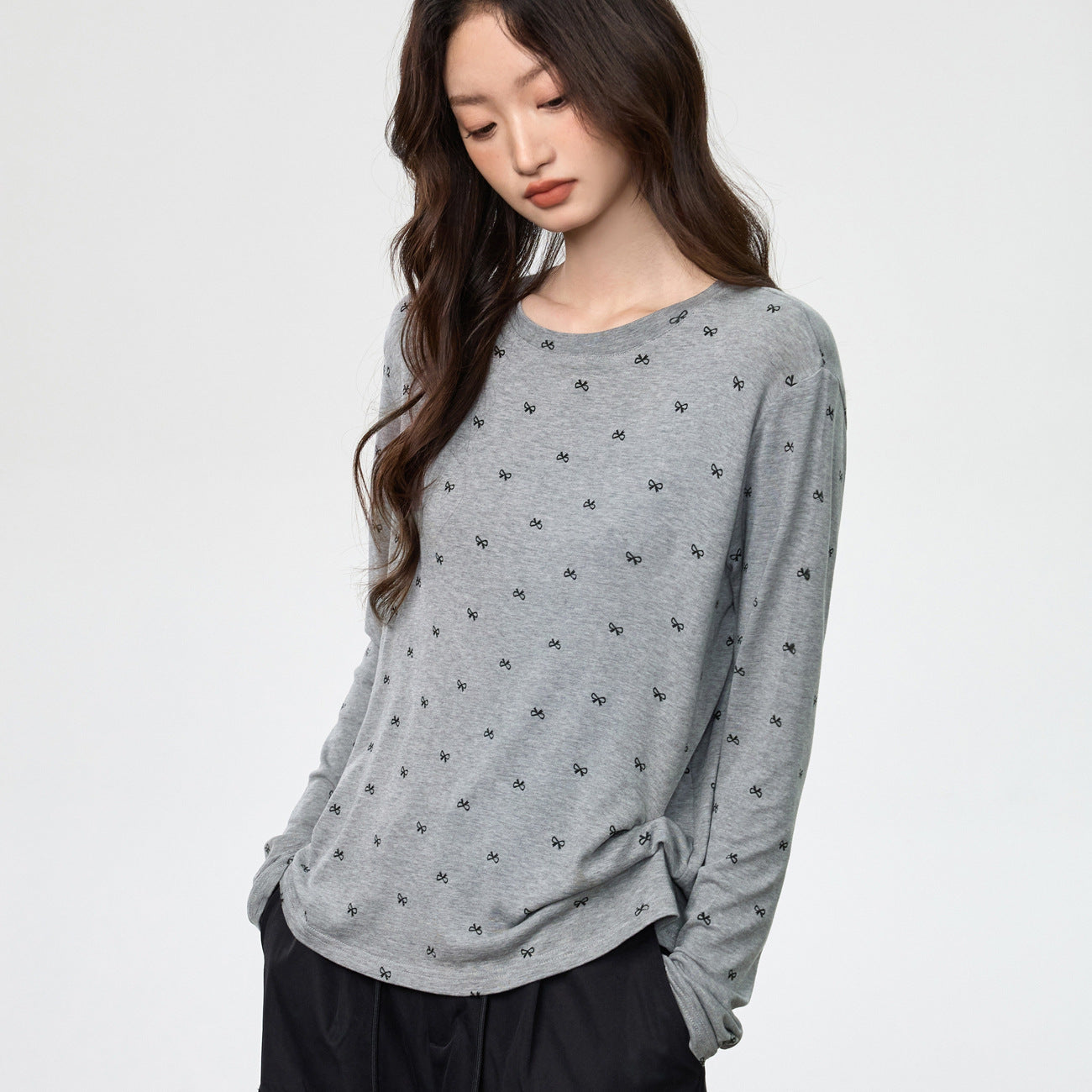 180G Tencel Lyocell cotton wool, fried soft waxy skin-friendly loose lazy printed T-shirt women's long-sleeved early autumn top