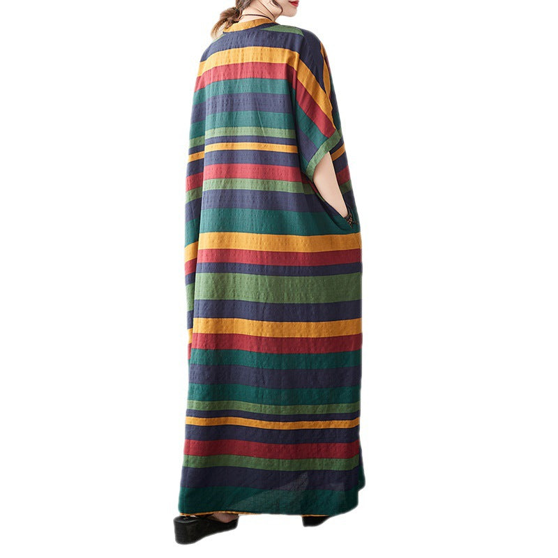 Real shot 2023 summer V-neck thin cotton and linen loose large size simple vacation style long skirt striped beach skirt women