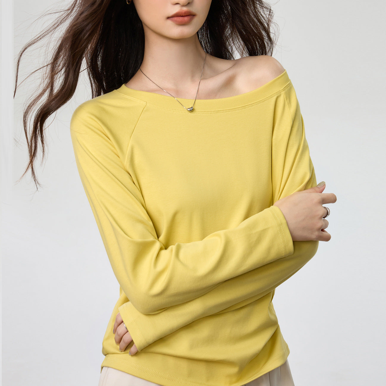 #40 combed cotton #slanted shoulder long-sleeved t-shirt women's early autumn round neck loose and thin one-word neck off-the-shoulder top
