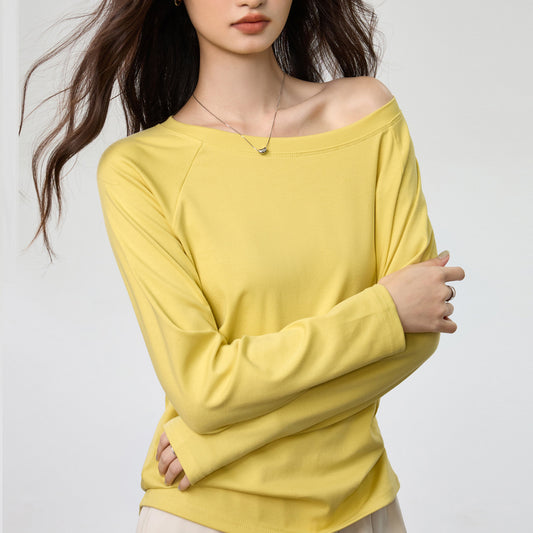 #40 combed cotton #slanted shoulder long-sleeved t-shirt women's early autumn round neck loose and thin one-word neck off-the-shoulder top