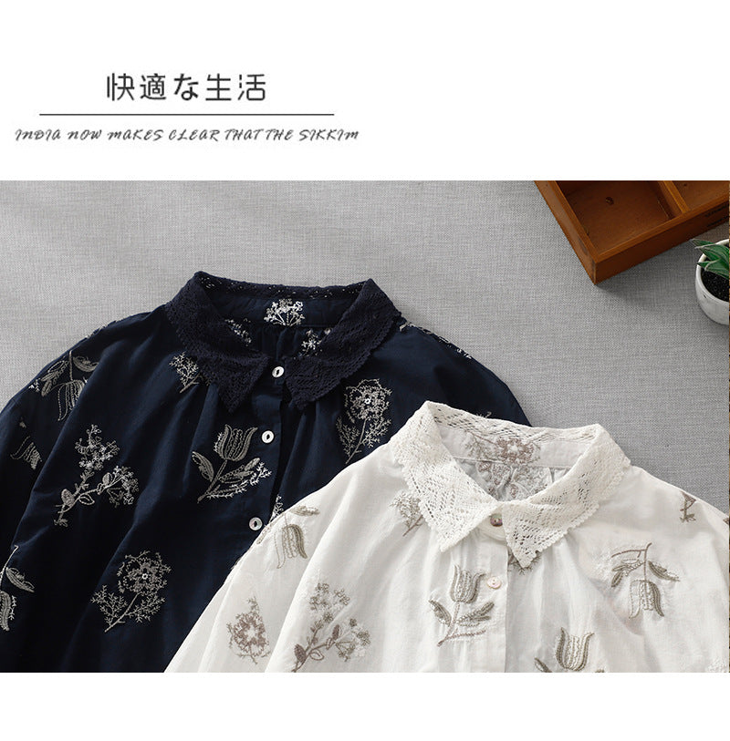 Summer 2024 New Cotton and Linen Literary Retro Loose Embroidery Small Fresh Shirt Top Women #1989