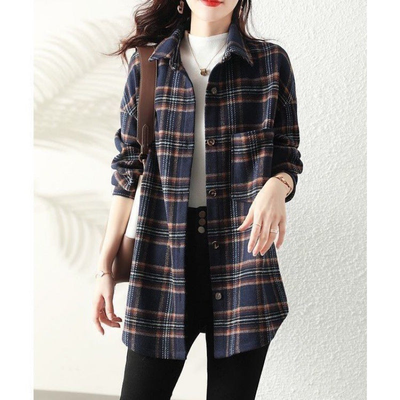 Spring 2024 new polished plaid long-sleeved Korean version loose retro medium and long shirt top women
