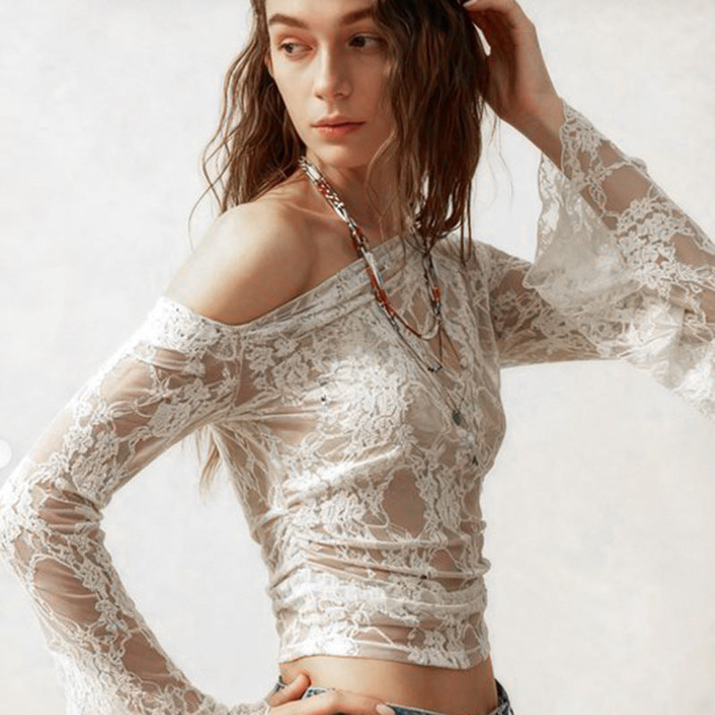Pure desire sexy see-through lace jacquard horn sleeve T-shirt blouse irregular diagonal neck off-the-shoulder slim-fit thin top