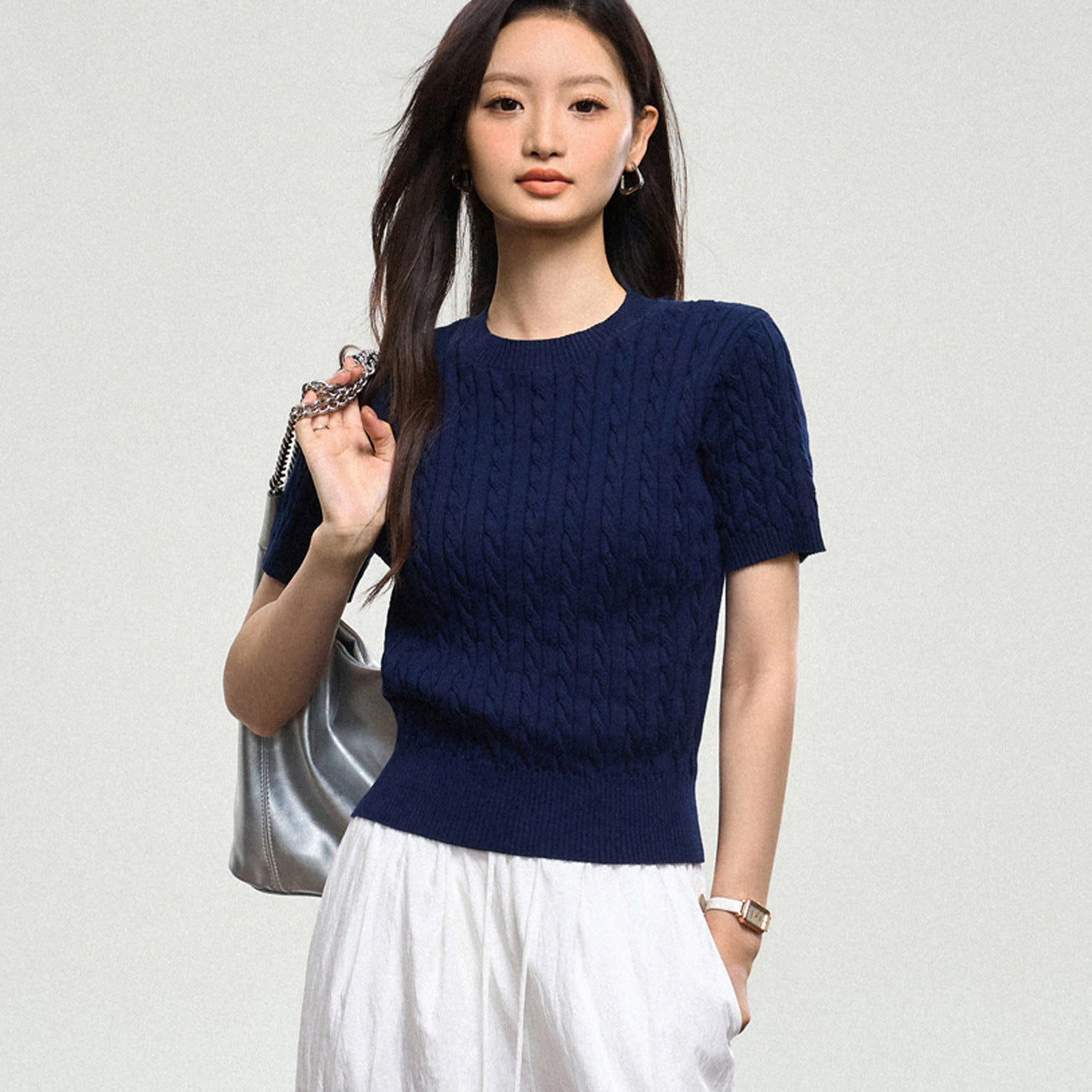 100% cotton knitted sweater women's summer new temperament high-end sense thin twist thin short-sleeved crew neck top thin