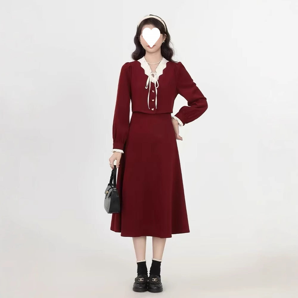 Autumn and winter new Christmas New Year's Eve New Year's robe slightly fat temperament thin fake two French red dresses