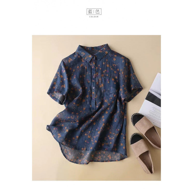 Summer 2025 new literary and thin lapel cotton and linen small floral short-sleeved shirt blouse top #6029