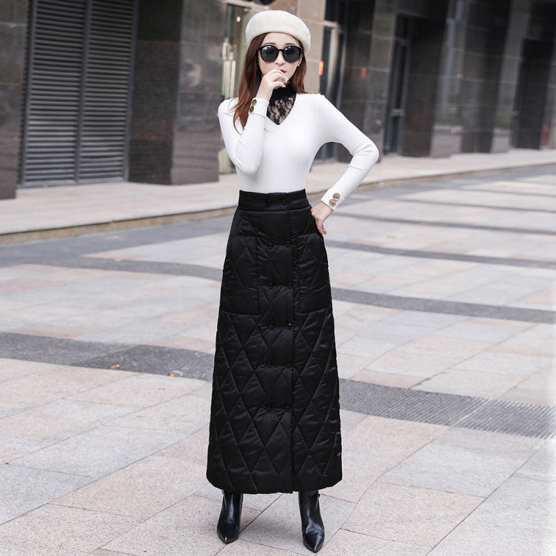 Real shot 2024 winter new double-breasted one-piece thermal cotton skirt women's thickened A-shaped skirt hip-wrapped long skirt