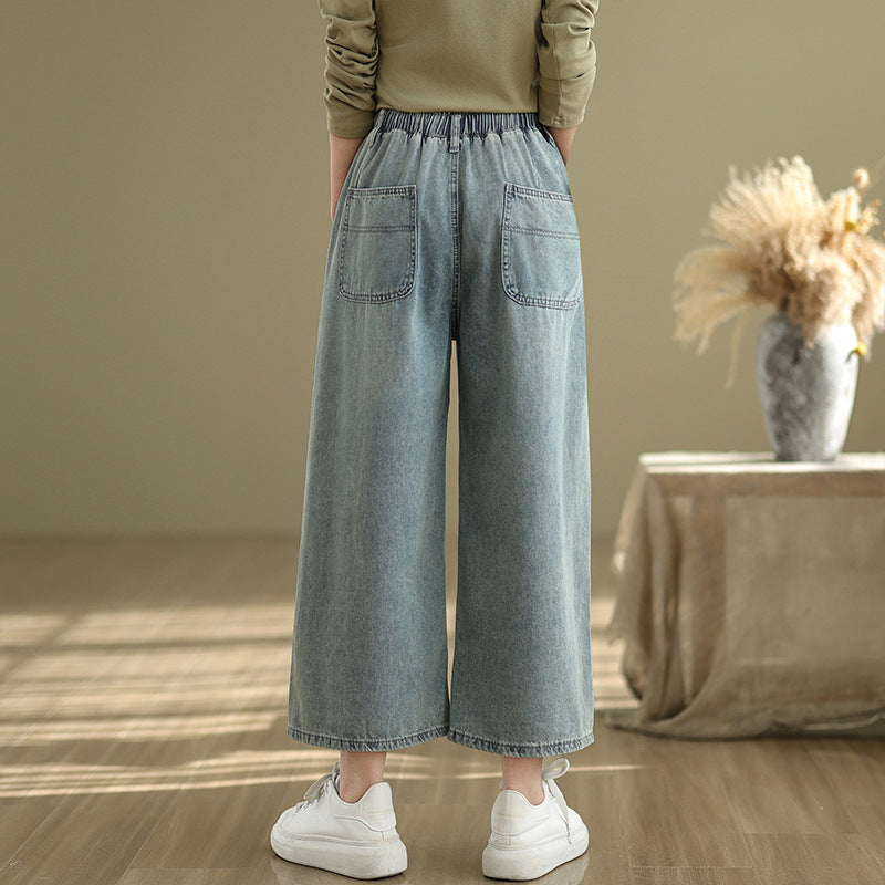 Real shot 2025 spring and summer new large size loose casual denim wide-leg pants women's clothing