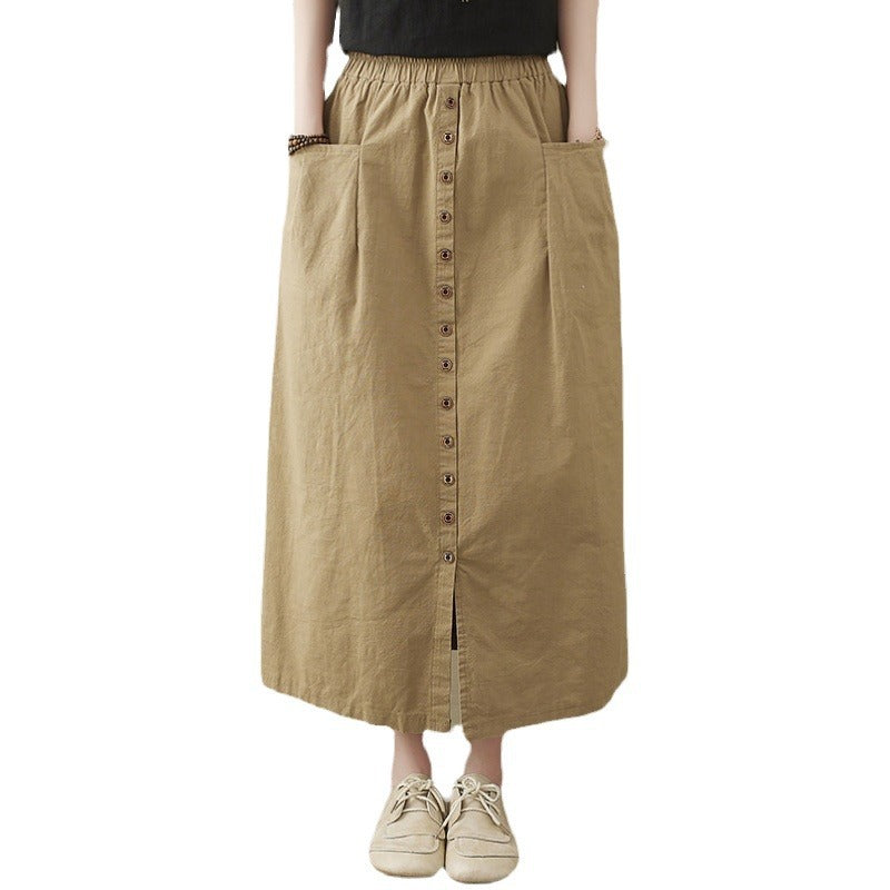 Real shot 2025 summer new literary loose solid color elastic waist skirt women's medium and long A-shaped skirt 2027 #