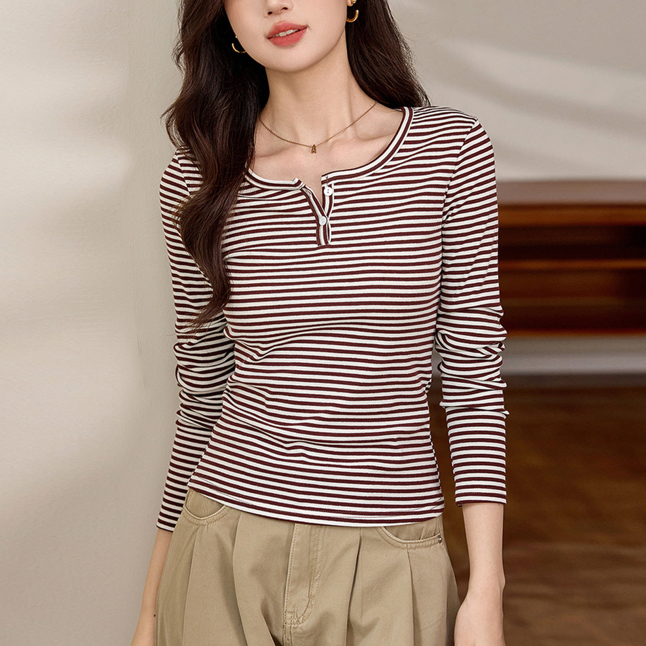 #Selection of high-quality products #pure cotton T-shirt women's striped long-sleeved top 2026 autumn and winter new high-end foreign-style bottoming shirt