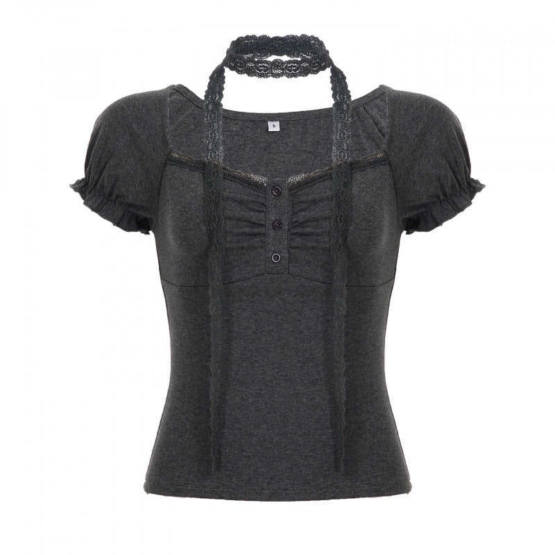 Korean pure desire girl age reduction irregular lace splicing short-sleeved T-shirt scarf design bubble sleeve slim top