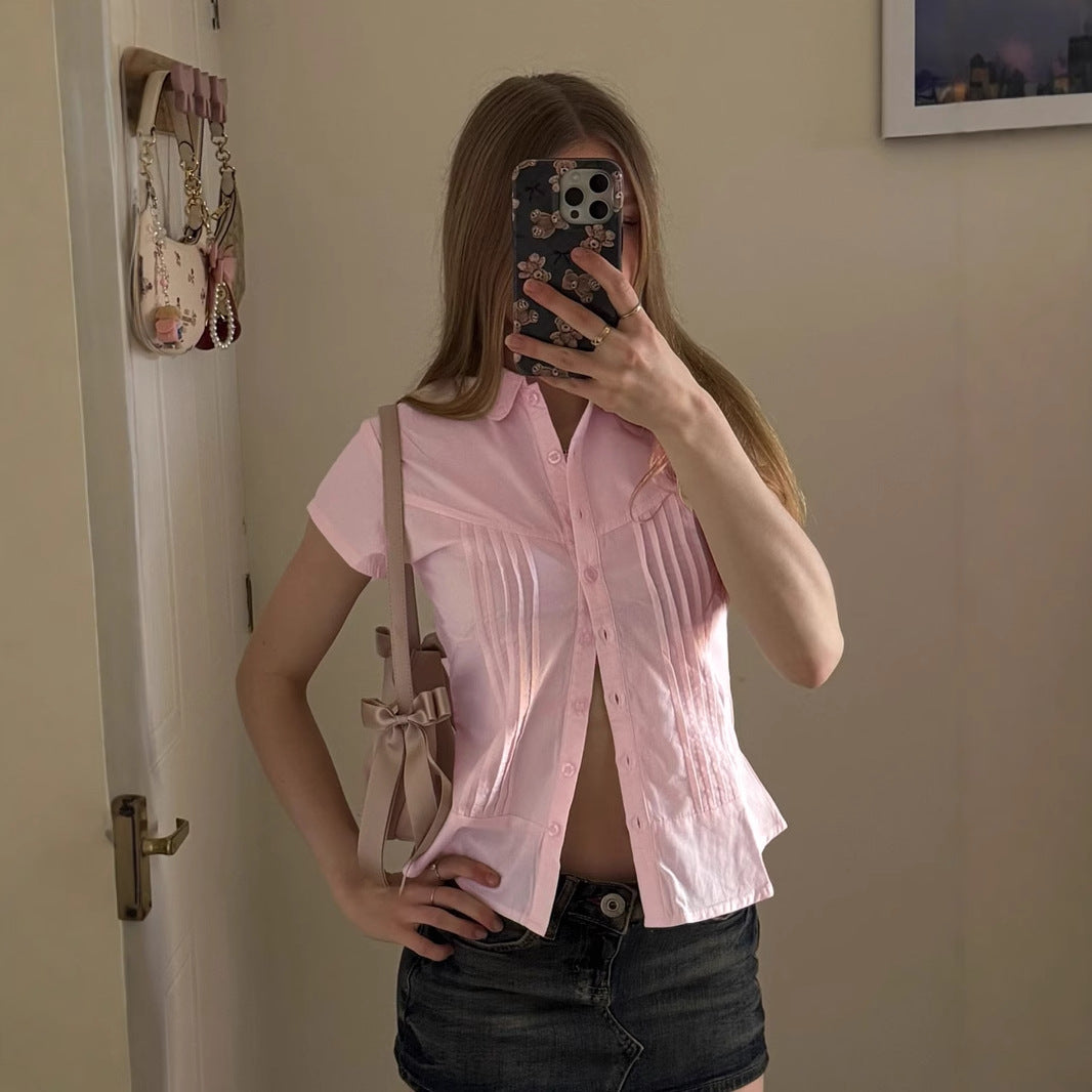 American girly temperament organ pleated solid color POLO neck short-sleeved shirt waist short breasted button-up top