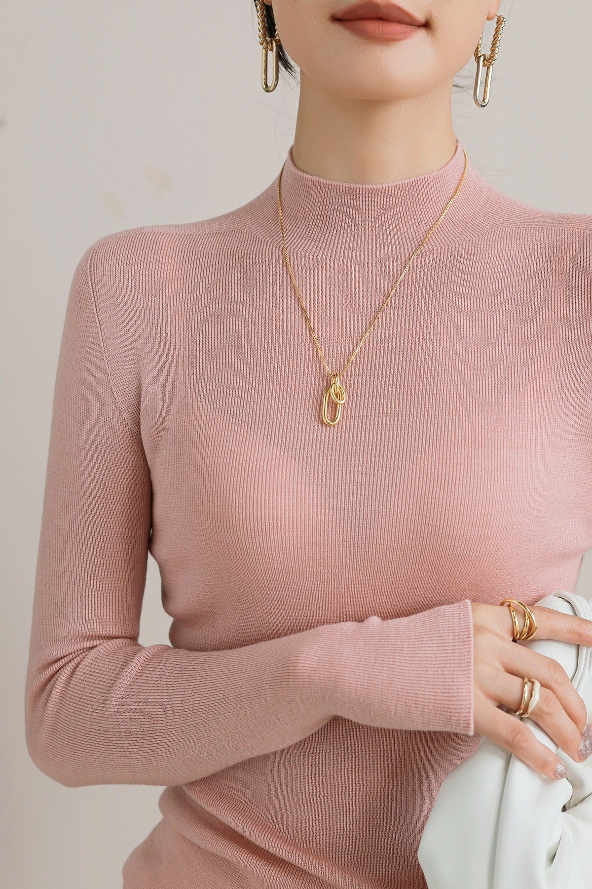 Machine washable! Grey Yangtze yarn worsted 100% wool bottoming shirt women's semi-turtleneck autumn and winter tight knit sweater