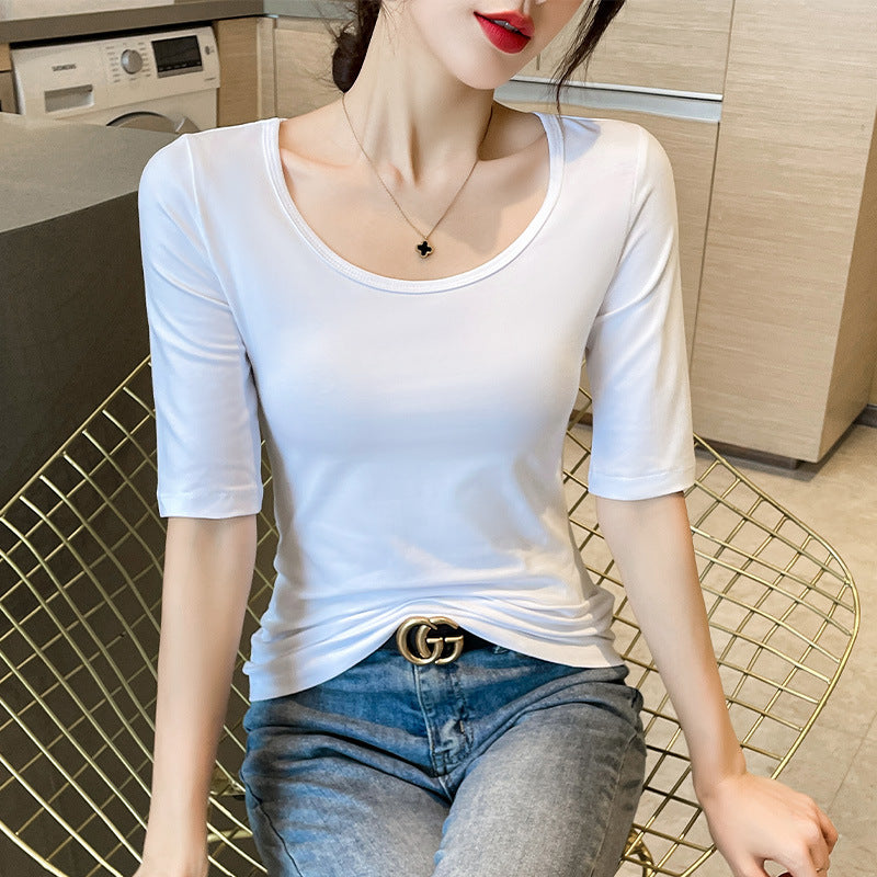 Black Crew Neck Medium Sleeve T-Shirt Women's 2025 Spring and Summer New Versatile Five-Sleeve Top Fashion Inner Bottom Shirt