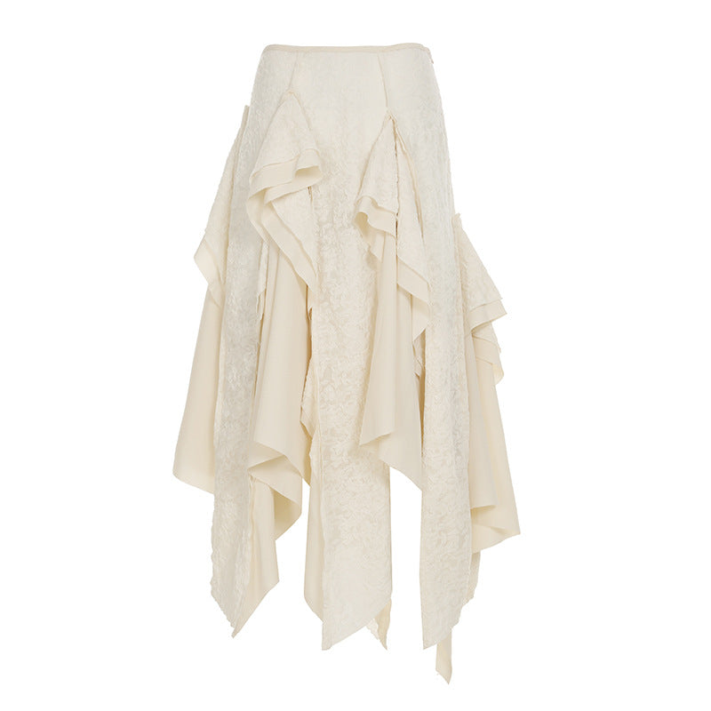 American retro design irregular wavy edge skirt Spice girl slim personality versatile double-layer stacked medium and long skirt