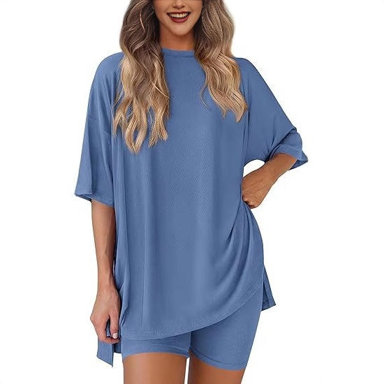 2025 summer new cross-border Europe, America, Amazon foreign trade fashion casual solid color loose women's pajama set