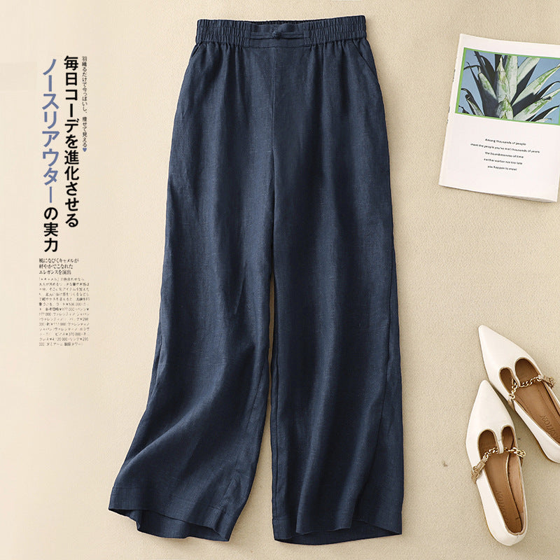 Real shot 2025 summer new thin Chinese buckle casual pants nine-point pants literary large size wide-leg women's pants