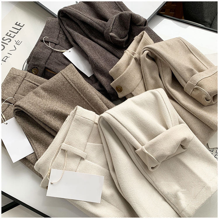 Wan year good version, autumn and winter BI hoarding! Simple and versatile solid wear twill texture woolen casual pants straight pants women