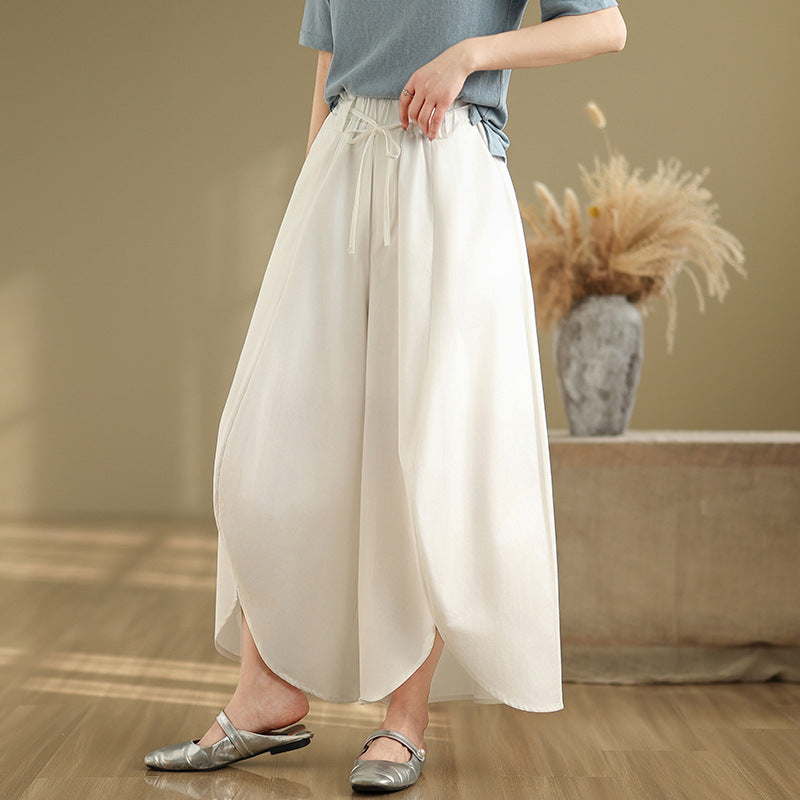 Real shot 2025 summer new casual large size loose solid color elastic waist wide leg pants nine-point pants women #9062