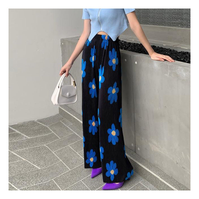 Korean version of women's clothing colored flower printing wide-leg pants high waist drape and thin straight pleated casual pants mosquito-proof wholesale