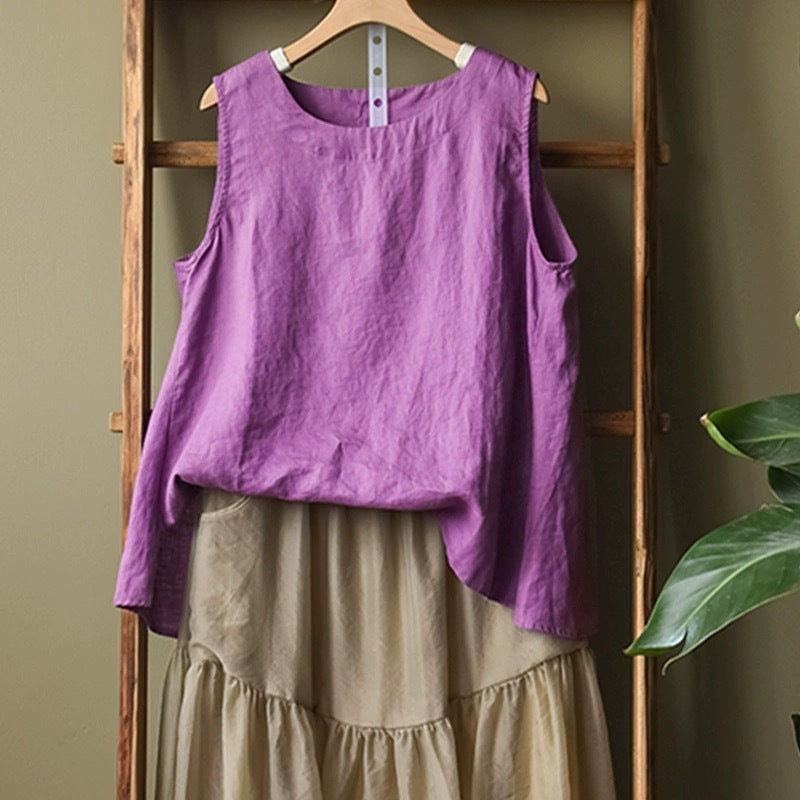 Summer 2024 New Literary Loose Solid Color Crew Neck Sleeveless Vest Women's Top #3702