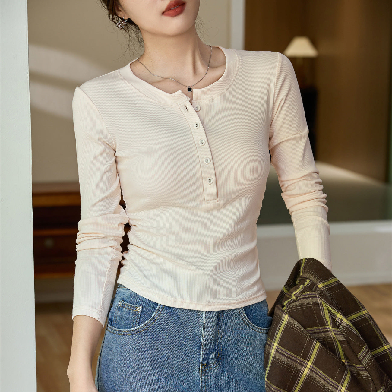 #Ingenuity screening product #Waist pleated Maillard chic cloth button-up long-sleeved T-shirt femininity pure cotton bottoming shirt