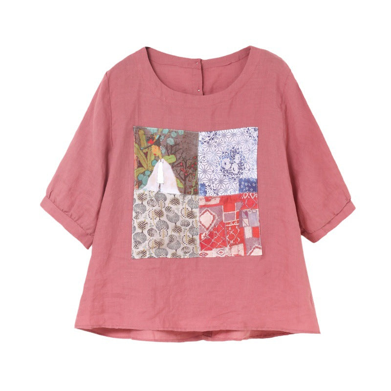 Real shot 2024 summer new literary loose collage cotton and linen printing crew neck short-sleeved top T-shirt women's clothing 9961 #