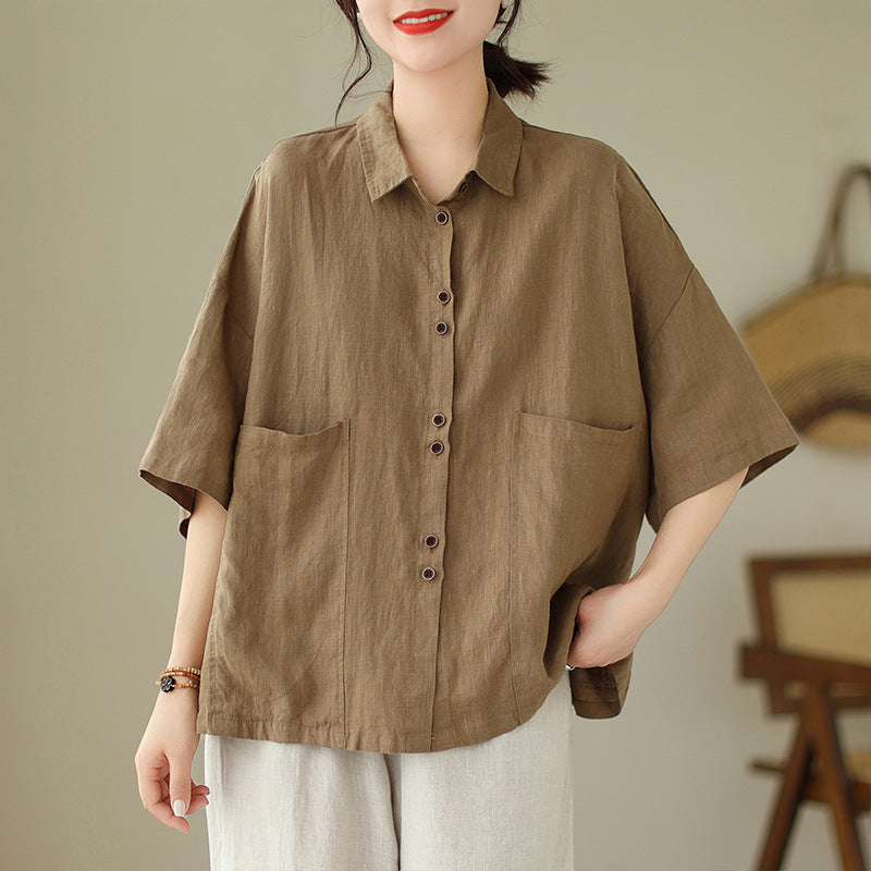 Real shot 2025 summer new literary loose solid color lapel short-sleeved shirt blouse top #702
