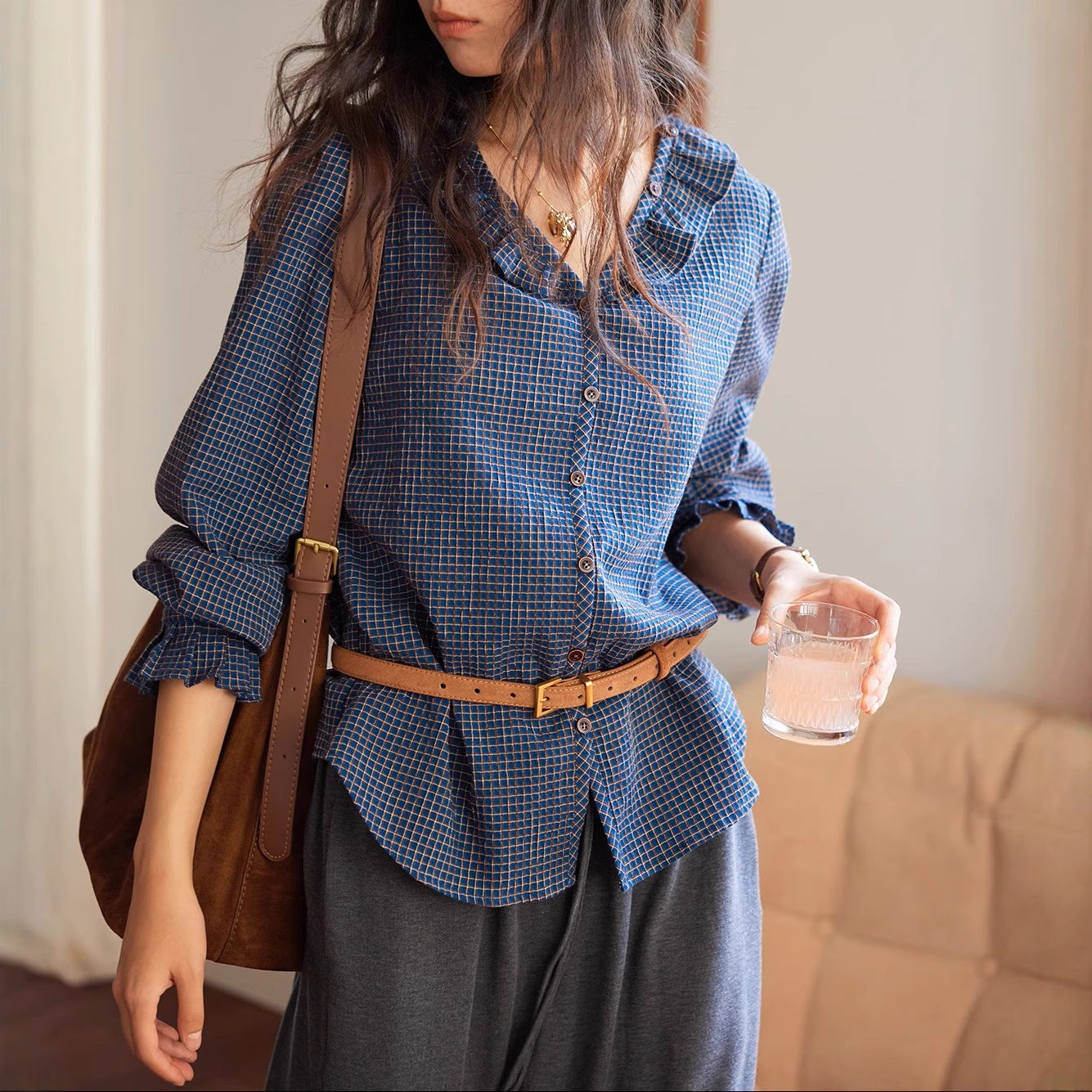 Solighter French Vintage V-Neck Checked Shirt Women's Autumn