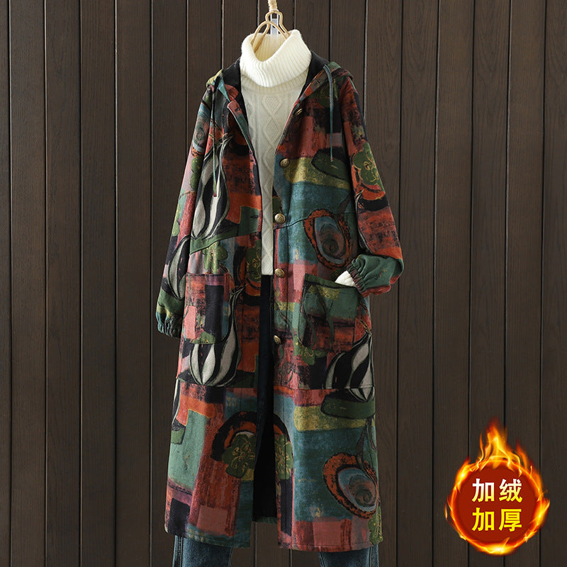 Mom's cotton-padded clothes are piled and thickened. In the autumn and winter of 2025, the new long loose belly-covering printed hooded cotton jacket.