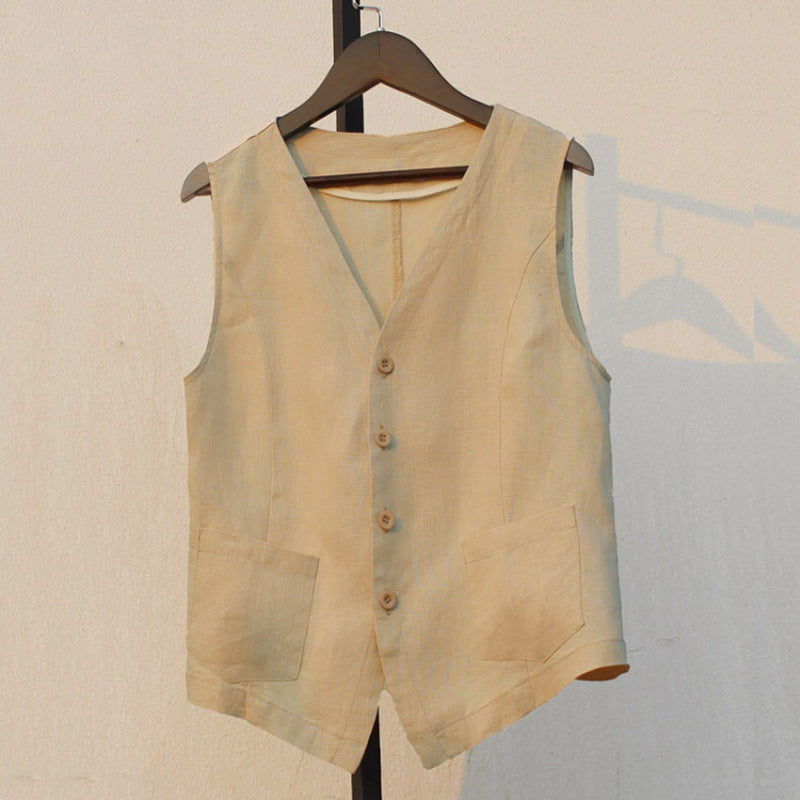 In the summer of 2025, the new literary and loose solid color cotton and linen V-neck vest, vest, women's jacket, vest top #6182