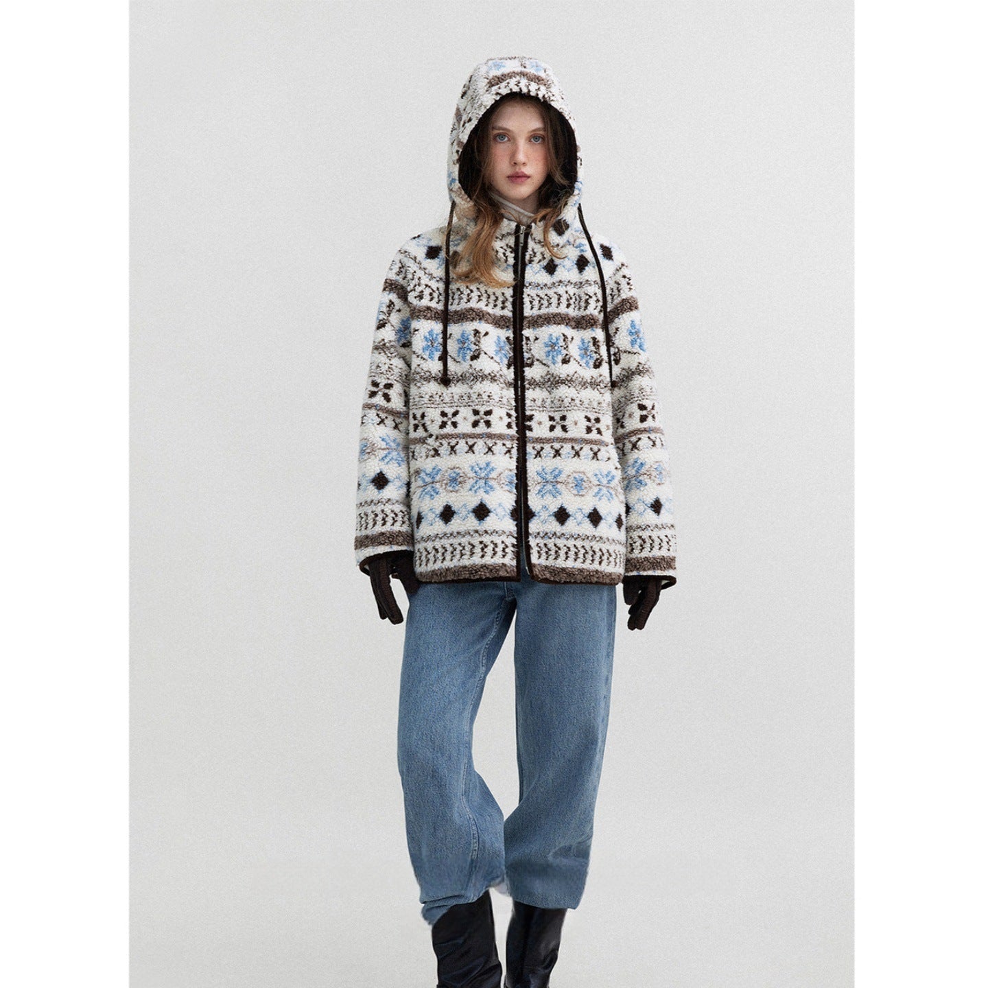 Snowy glacier snowman pattern Fair Island imitation lamb wool cotton jacket padded cotton jacket women's winter