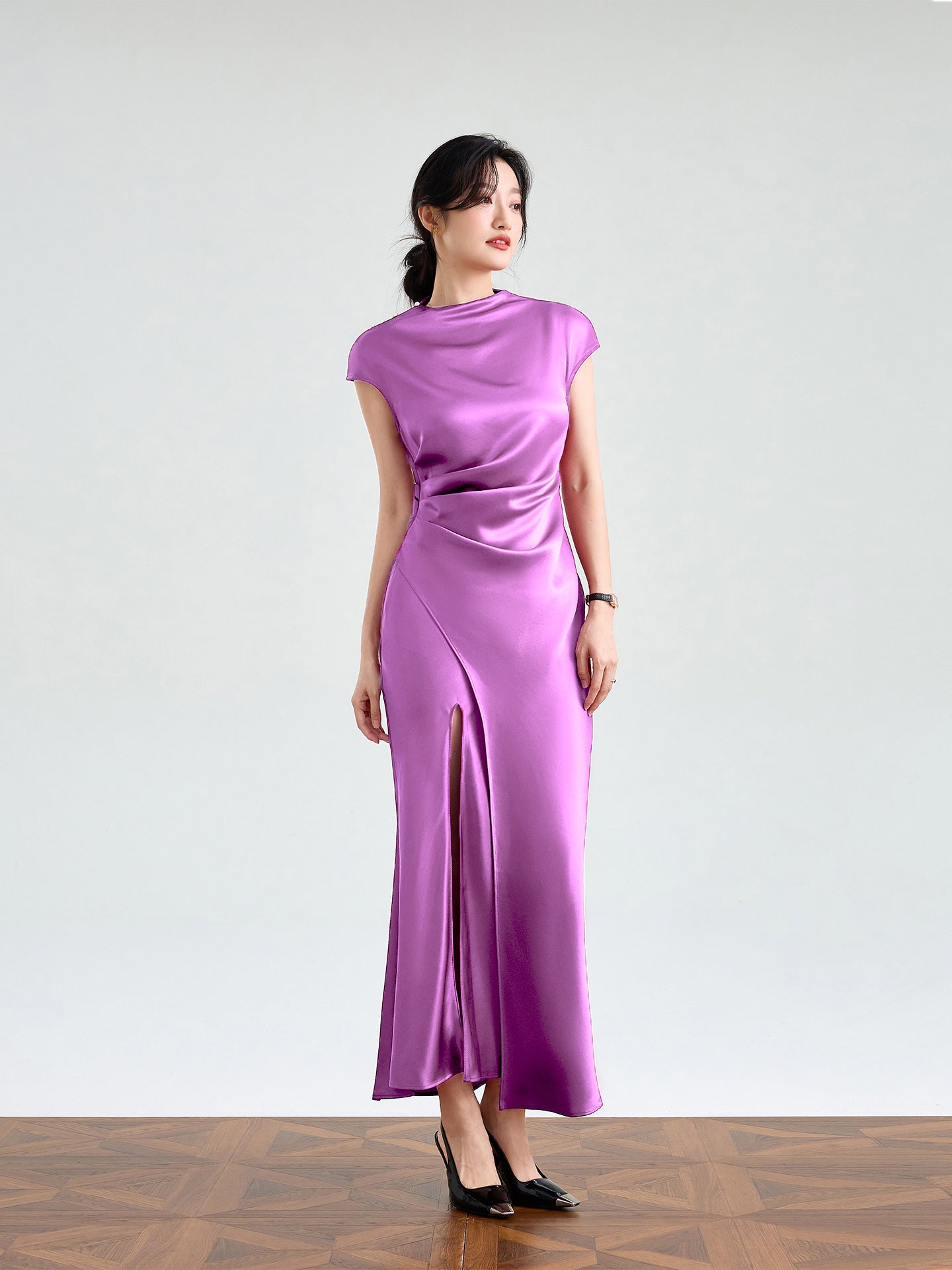 Haute couture imported acetic acid, pure desire style semi-turtleneck satin dress temperament thin split fork fish tail long dress French
