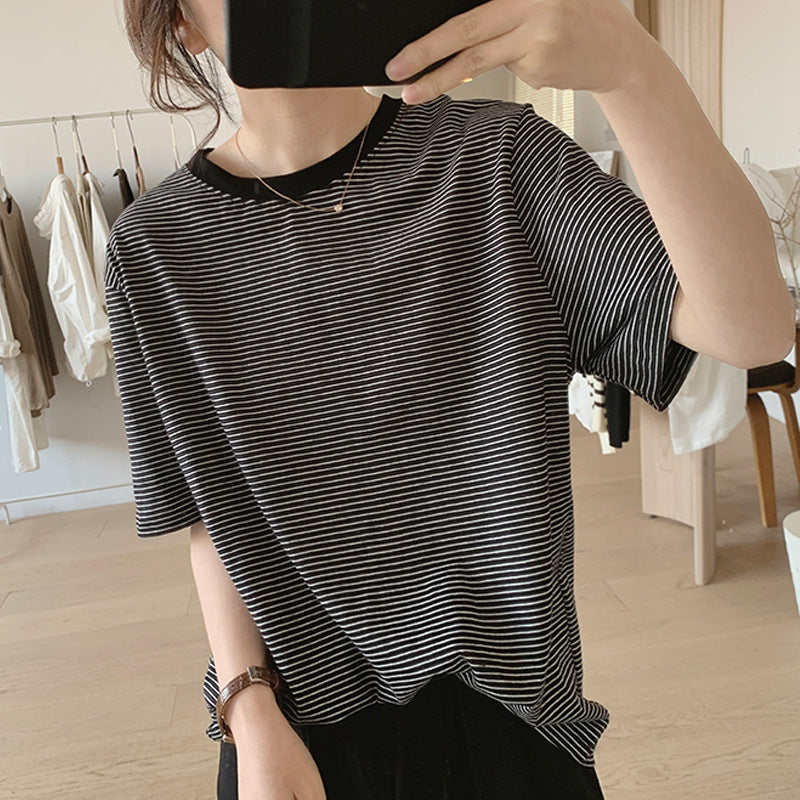 bag collar sticker, high-quality pure cotton striped T-shirt women's 2026 summer new loose and thin versatile short-sleeved T-shirt top
