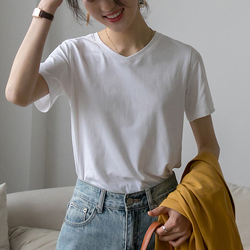 230G combed cotton V-neck short-sleeved T-shirt women's loose versatile and thin Korean version 2026 summer new bottoming shirt top