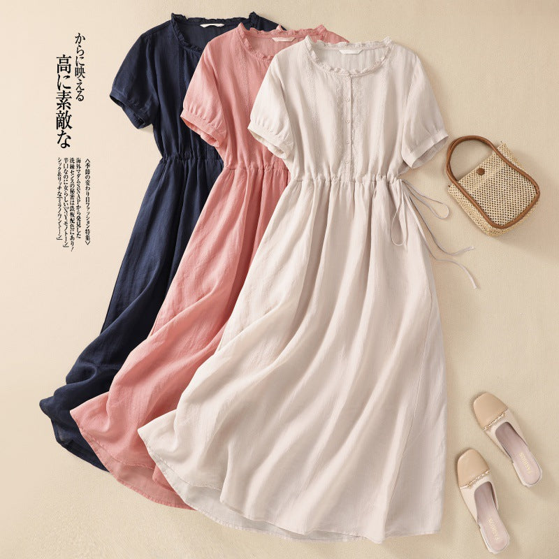 Real shot 2025 summer new cotton and linen literary commuting simple solid color light and thin medium and long dress women