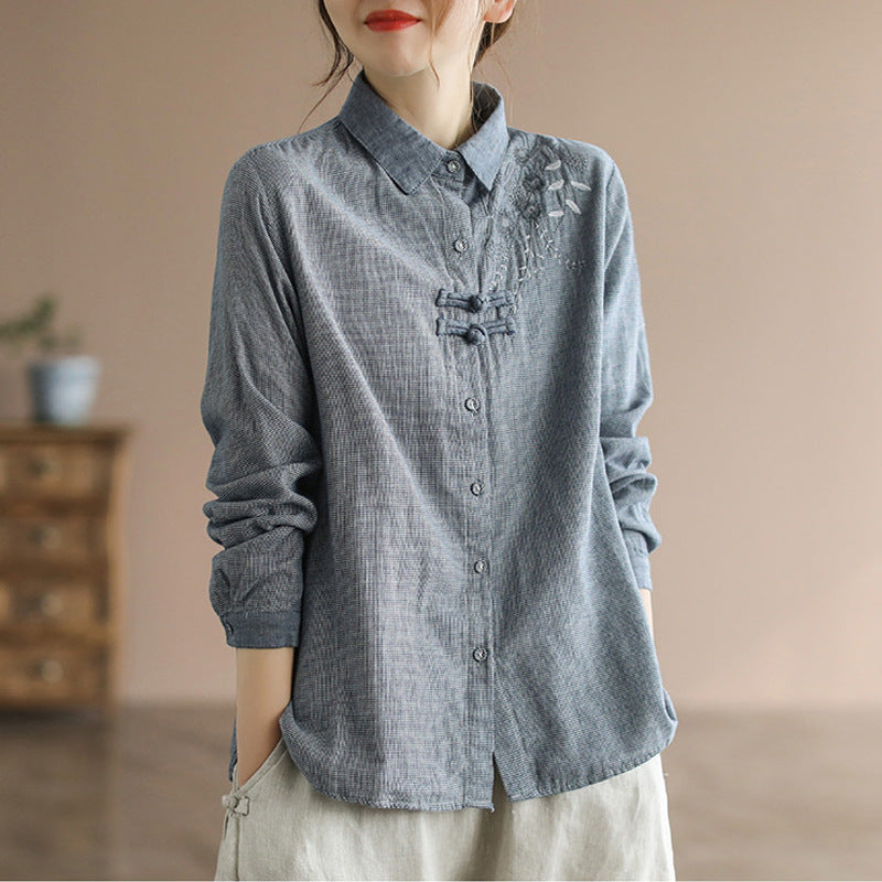 2024 Spring New Literary Loose Cotton and Linen Plaid Embroidery Lapel Button Long Sleeve Shirt Women's Shirt Top