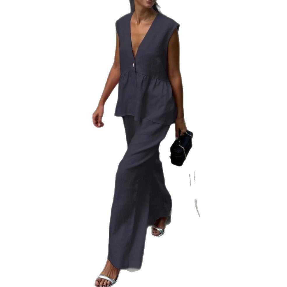 2025 cotton V-neck sleeveless top vest trousers set women's European and American new solid color temperament commuter two-piece set