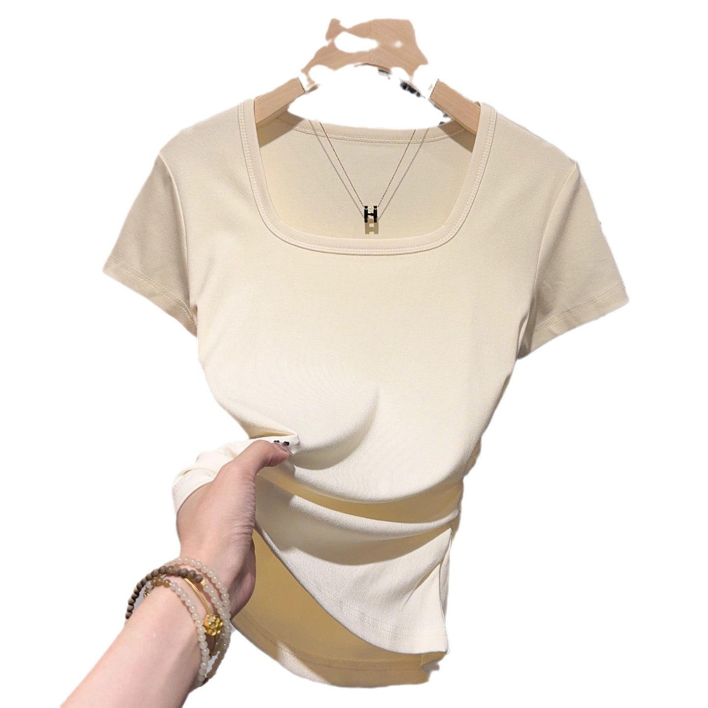 Square collar sweet girl short-sleeved T-shirt women's summer 2025 new waist pleated small fragrant slim-fitting and thin shoulder top