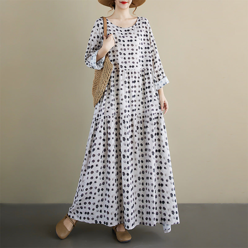 2025 autumn new bohemian casual round neck long-sleeved pleated skirt polka dot foreign trade dress women