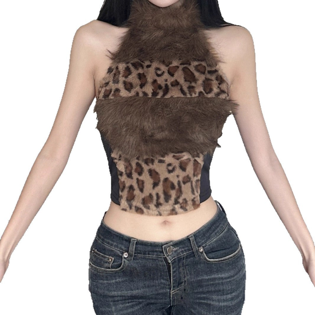Love cloth forget hot leopard print fluff splicing turtleneck shoulder digging vest female hottie thin waist turtleneck top