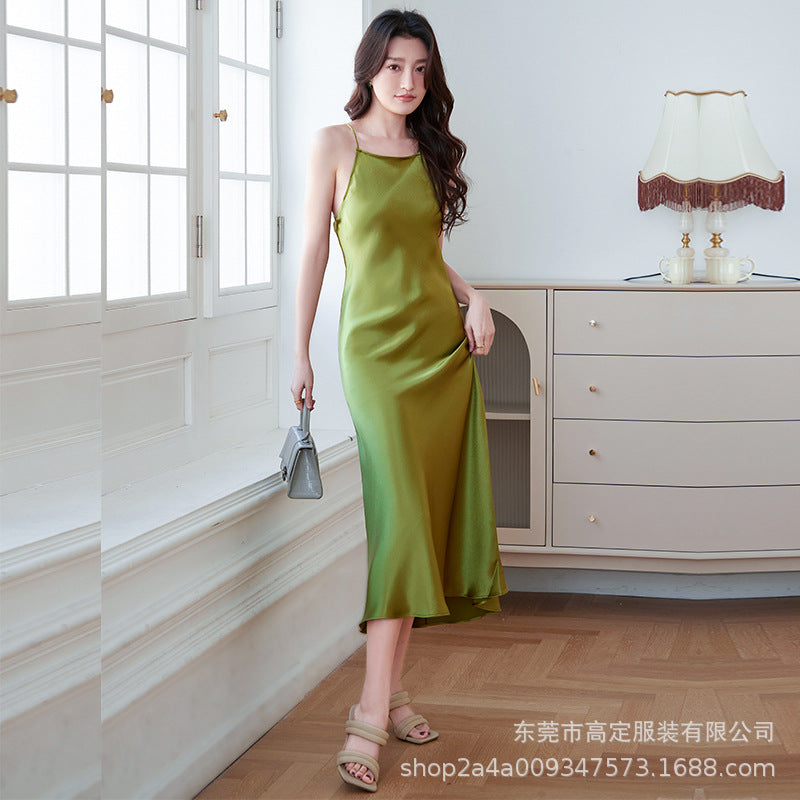 Haute couture clothing acetic acid dress satin sundress women's summer halter neck silky solid color long dress celebrity