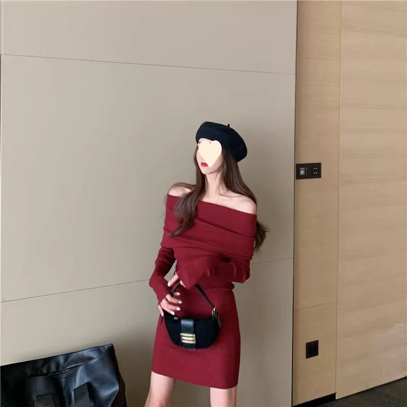 Autumn women's clothing 2025 new high-end long-sleeved one-word shoulder knitted dress red hip-wrapped short skirt children