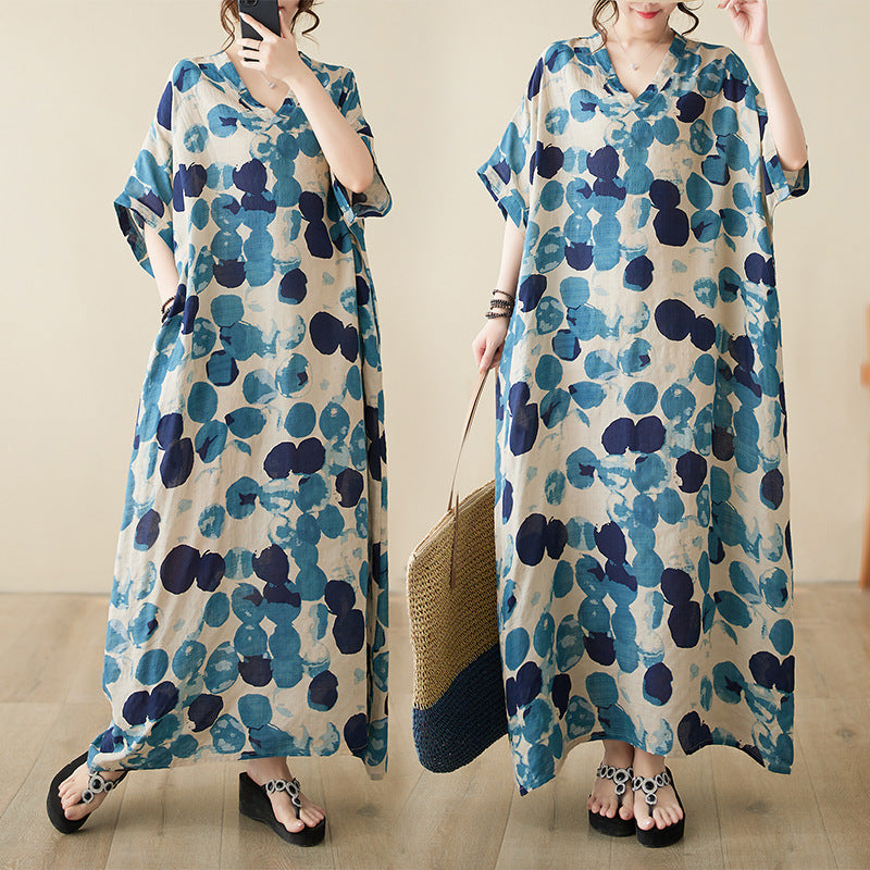 Real shot 2024 spring and summer V-neck thin cotton and linen large size loose literary holiday wind beach skirt retro long robe