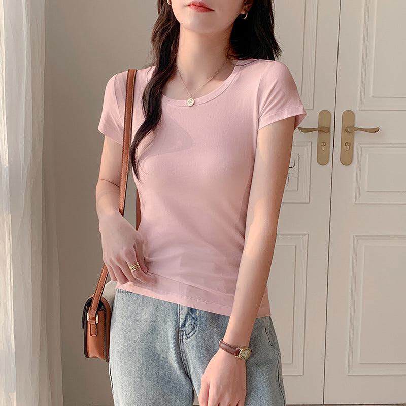 U-neck white versatile short-sleeved T-shirt women's American slim-fitting half-sleeved top low-necked bottoming shirt slim-fitting