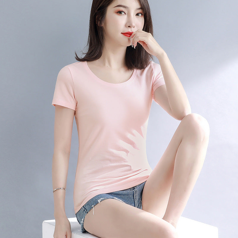 Lotus root pink short-sleeved t-shirt women's pure cotton shoulder this year popular women's clothing summer ootd wear thin versatile top